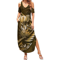 Personalised All Gold New Zealand Darts Family Matching Summer Maxi Dress and Hawaiian Shirt Aoteroa Fern Maori Galaxy Style
