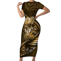 Personalised All Gold New Zealand Darts Short Sleeve Bodycon Dress Aoteroa Fern Maori Galaxy Style