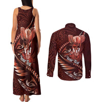 Personalised All Red New Zealand Darts Couples Matching Tank Maxi Dress and Long Sleeve Button Shirt Aoteroa Fern Maori Galaxy Style