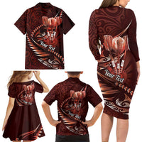 Personalised All Red New Zealand Darts Family Matching Long Sleeve Bodycon Dress and Hawaiian Shirt Aoteroa Fern Maori Galaxy Style