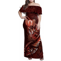 Personalised All Red New Zealand Darts Family Matching Off Shoulder Maxi Dress and Hawaiian Shirt Aoteroa Fern Maori Galaxy Style