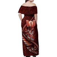 Personalised All Red New Zealand Darts Family Matching Off Shoulder Maxi Dress and Hawaiian Shirt Aoteroa Fern Maori Galaxy Style