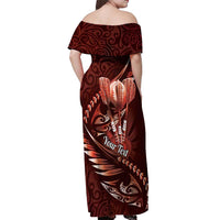 Personalised All Red New Zealand Darts Off Shoulder Maxi Dress Aoteroa Fern Maori Galaxy Style