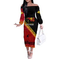 Papua New Guinea Family Matching Off Shoulder Long Sleeve Dress and Hawaiian Shirt Independen Stet bilong Papua Niugini Unique Version LT14 Mom's Dress Red - Polynesian Pride