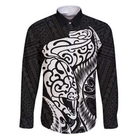 New Zealand Eel Family Matching Off Shoulder Maxi Dress and Hawaiian Shirt Tuna Aotearoa Maori Patten - Black LT14 Dad's Shirt - Long Sleeve Black - Polynesian Pride