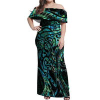 New Zealand Eel Off Shoulder Maxi Dress Tuna Aotearoa Maori With Paua Shell - Turquoise LT14 Women Turquoise - Polynesian Pride