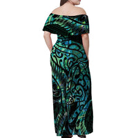 New Zealand Eel Off Shoulder Maxi Dress Tuna Aotearoa Maori With Paua Shell - Turquoise LT14 - Polynesian Pride