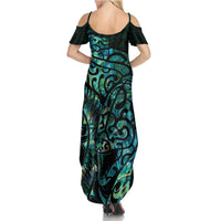 New Zealand Eel Summer Maxi Dress Tuna Aotearoa Maori With Paua Shell - Turquoise LT14 - Polynesian Pride