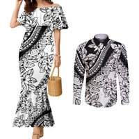Polynesia Couples Matching Mermaid Dress and Long Sleeve Button Shirts Polynesian Tropical Flowers Black Pastel Vibes LT14 Black - Polynesian Pride