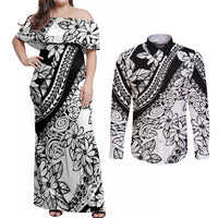 Polynesia Couples Matching Off Shoulder Maxi Dress and Long Sleeve Button Shirts Polynesian Tropical Flowers Black Pastel Vibes LT14 Black - Polynesian Pride