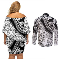 Polynesia Couples Matching Off Shoulder Short Dress and Long Sleeve Button Shirts Polynesian Tropical Flowers Black Pastel Vibes LT14 - Polynesian Pride