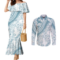 Polynesia Couples Matching Mermaid Dress and Long Sleeve Button Shirts Polynesian Tropical Flowers Blue Pastel Vibes LT14 Blue - Polynesian Pride