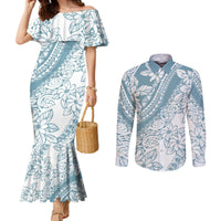 Polynesia Couples Matching Mermaid Dress and Long Sleeve Button Shirts Polynesian Tropical Flowers Blue Pastel Vibes LT14 Blue - Polynesian Pride