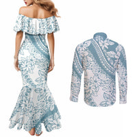 Polynesia Couples Matching Mermaid Dress and Long Sleeve Button Shirts Polynesian Tropical Flowers Blue Pastel Vibes LT14 - Polynesian Pride