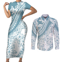 Polynesia Couples Matching Short Sleeve Bodycon Dress and Long Sleeve Button Shirts Polynesian Tropical Flowers Blue Pastel Vibes LT14 Blue - Polynesian Pride