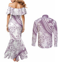 Polynesia Couples Matching Mermaid Dress and Long Sleeve Button Shirts Polynesian Tropical Flowers Purple Pastel Vibes LT14 - Polynesian Pride