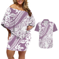 Polynesia Couples Matching Off Shoulder Short Dress and Hawaiian Shirt Polynesian Tropical Flowers Purple Pastel Vibes LT14 Purple - Polynesian Pride