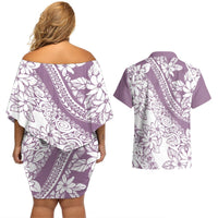 Polynesia Couples Matching Off Shoulder Short Dress and Hawaiian Shirt Polynesian Tropical Flowers Purple Pastel Vibes LT14 - Polynesian Pride
