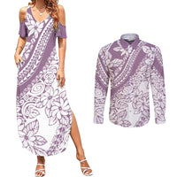 Polynesia Couples Matching Summer Maxi Dress and Long Sleeve Button Shirts Polynesian Tropical Flowers Purple Pastel Vibes LT14 Purple - Polynesian Pride