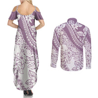 Polynesia Couples Matching Summer Maxi Dress and Long Sleeve Button Shirts Polynesian Tropical Flowers Purple Pastel Vibes LT14 - Polynesian Pride