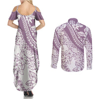 Polynesia Couples Matching Summer Maxi Dress and Long Sleeve Button Shirts Polynesian Tropical Flowers Purple Pastel Vibes LT14 - Polynesian Pride