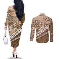 Beige Bula Fiji Couples Matching Off The Shoulder Long Sleeve Dress and Long Sleeve Button Shirt Fijian Language Week Tapa Cloth - Pastel