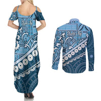 Blue Bula Fiji Couples Matching Summer Maxi Dress and Long Sleeve Button Shirt Fijian Language Week Tapa Cloth - Pastel