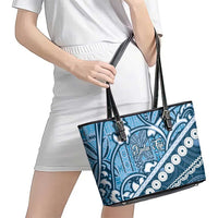 Blue Bula Fiji Leather Tote Bag Fijian Language Week Tapa Cloth - Pastel LT14 - Polynesian Pride