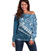 Blue Bula Fiji Off Shoulder Sweater Fijian Language Week Tapa Cloth - Pastel