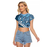Blue Bula Fiji Raglan Cropped T Shirt Fijian Language Week Tapa Cloth - Pastel LT14 Female Blue - Polynesian Pride