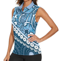 Blue Bula Fiji Women Sleeveless Polo Shirt Fijian Language Week Tapa Cloth - Pastel