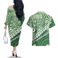 Green Bula Fiji Couples Matching Off The Shoulder Long Sleeve Dress and Hawaiian Shirt Fijian Language Week Tapa Cloth - Pastel