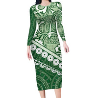 Green Bula Fiji Family Matching Long Sleeve Bodycon Dress and Hawaiian Shirt Fijian Language Week Tapa Cloth - Pastel
