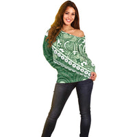 Green Bula Fiji Off Shoulder Sweater Fijian Language Week Tapa Cloth - Pastel