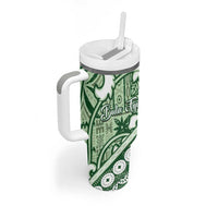 Green Bula Fiji Tumbler With Handle Fijian Language Week Tapa Cloth - Pastel LT14 - Polynesian Pride