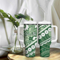 Green Bula Fiji Tumbler With Handle Fijian Language Week Tapa Cloth - Pastel LT14 - Polynesian Pride