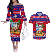 Custom Guam Christmas Couples Matching Off The Shoulder Long Sleeve Dress and Hawaiian Shirt Guaman Santas Felis Pasgua LT14 Blue - Polynesian Pride