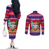 Custom Guam Christmas Couples Matching Off The Shoulder Long Sleeve Dress and Long Sleeve Button Shirt Guaman Santas Felis Pasgua LT14 - Polynesian Pride