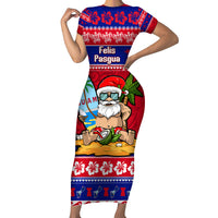 Custom Guam Christmas Short Sleeve Bodycon Dress Guaman Santas Felis Pasgua LT14 Long Dress Blue - Polynesian Pride