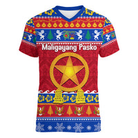 Custom Philippines Christmas Women V Neck T Shirt Filipino Parol Maligayang Pasko LT14 Female Blue - Polynesian Pride