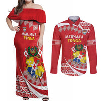Custom Mate Maa Tonga Couples Matching Off Shoulder Maxi Dress and Long Sleeve Button Shirt 2024 Go Champions LT14 Red - Polynesian Pride