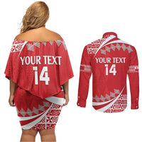 Custom Mate Maa Tonga Couples Matching Off Shoulder Short Dress and Long Sleeve Button Shirt 2024 Go Champions LT14 - Polynesian Pride