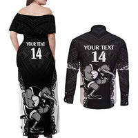 Aotearoa Rugby Custom Couples Matching Off Shoulder Maxi Dress and Long Sleeve Button Shirt Maori Kiwi - Mascot Style LT14 - Polynesian Pride