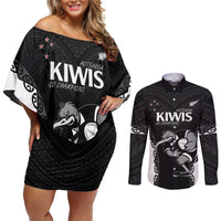 Aotearoa Rugby Custom Couples Matching Off Shoulder Short Dress and Long Sleeve Button Shirt Maori Kiwi - Mascot Style LT14 Black - Polynesian Pride