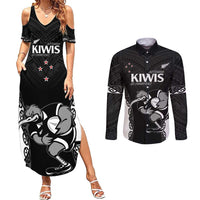 Aotearoa Rugby Custom Couples Matching Summer Maxi Dress and Long Sleeve Button Shirt Maori Kiwi - Mascot Style LT14 Black - Polynesian Pride