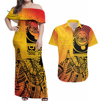 Marquesas Islands Couples Matching Off Shoulder Maxi Dress and Hawaiian Shirt Marquesan Matatiki Fish Hook Patutiki - Polynesian Pride