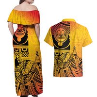 Marquesas Islands Couples Matching Off Shoulder Maxi Dress and Hawaiian Shirt Marquesan Matatiki Fish Hook Patutiki LT14 - Polynesian Pride