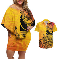 Marquesas Islands Couples Matching Off Shoulder Short Dress and Hawaiian Shirt Marquesan Matatiki Fish Hook Patutiki LT14 Yellow - Polynesian Pride