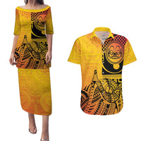 Marquesas Islands Couples Matching Puletasi and Hawaiian Shirt Marquesan Matatiki Fish Hook Patutiki LT14 Yellow - Polynesian Pride