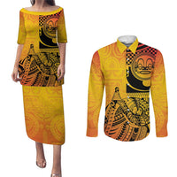 Marquesas Islands Couples Matching Puletasi and Long Sleeve Button Shirt Marquesan Matatiki Fish Hook Patutiki LT14 Yellow - Polynesian Pride